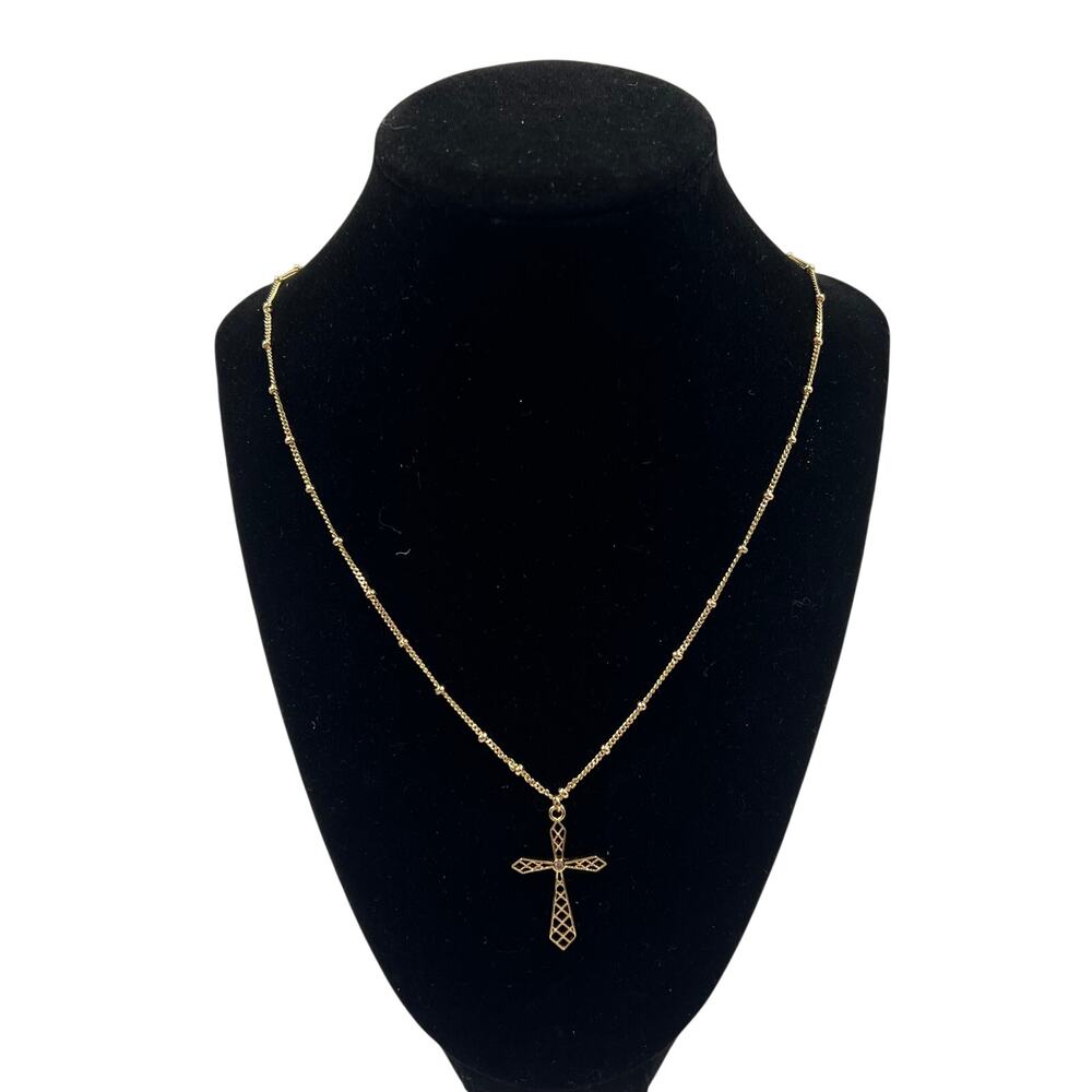 Vintage Gold Tone Filigree‎ Religious Cross Rhinestone Center Necklace 20" Chain